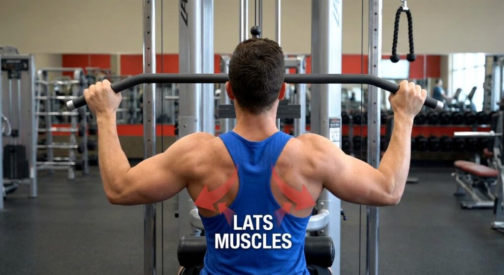 A GIF or short video clip showing someone doing a lat pulldown exercise correctly, with arrows pointing to the "Lats" muscles to visually explain what they are.