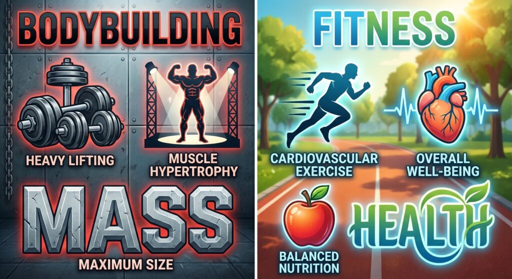 An infographic with two columns. Left column for "Bodybuilding" with icons of heavy weights, a posing bodybuilder, and the word "MASS". Right column for "Fitness" with icons of a running person, a heart, an apple, and the word "HEALTH".