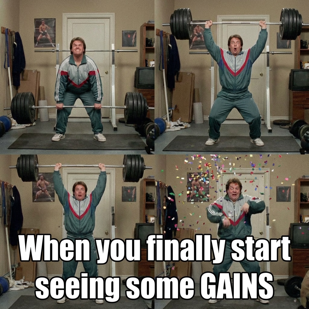 A funny GIF of someone struggling to lift a very heavy weight, and then celebrating wildly after succeeding. The text overlay: "When you finally start seeing some GAINS".