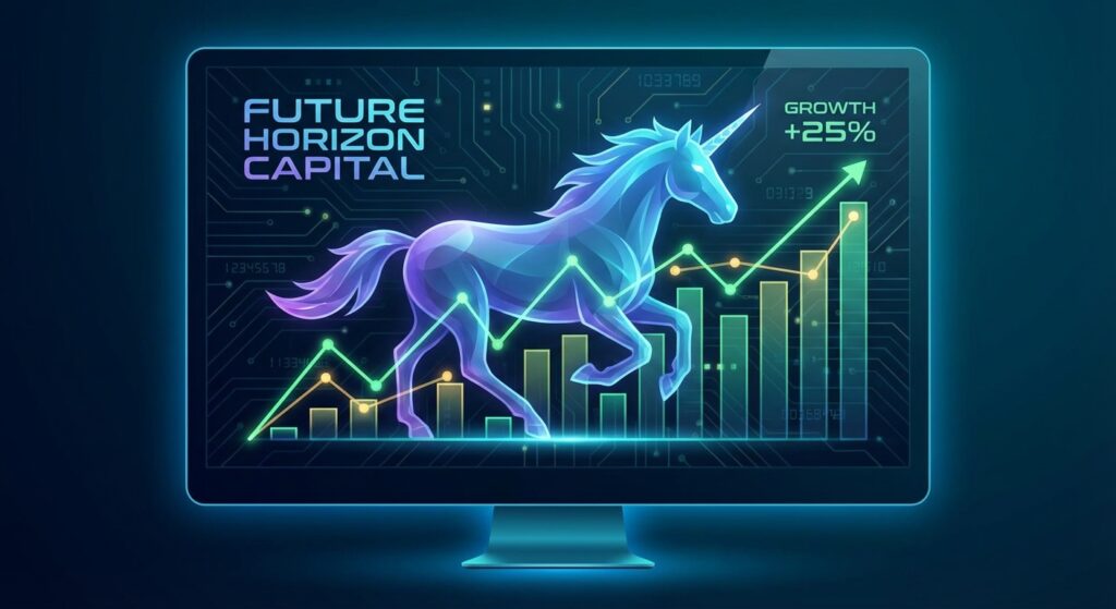 A cool graphic blending a majestic unicorn silhouette with stock market graphs going up. The image should look modern and techy.
