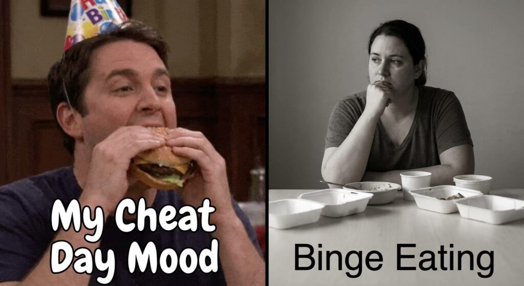 A funny GIF of a person happily eating a burger with the text "My Cheat Day Mood". Juxtaposed with a more serious, thoughtful image representing "Binge Eating" to show the difference.