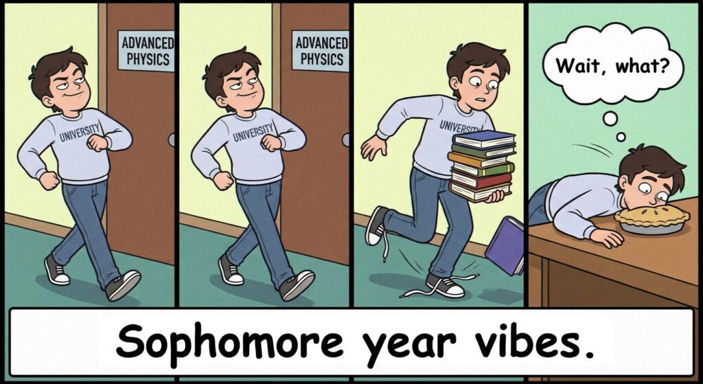 A GIF of someone looking overly confident and then immediately making a silly mistake. Caption: "Sophomore year vibes."