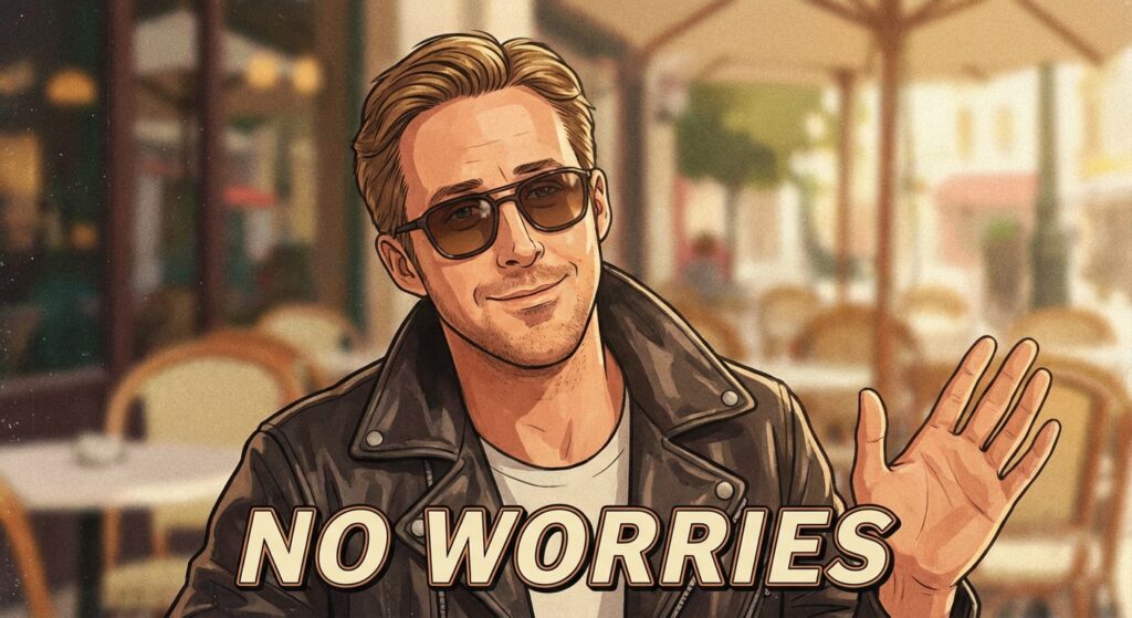 A stylish GIF of a famous movie character (like Ryan Gosling or Zendaya) giving a casual "No worries" gesture or smile.