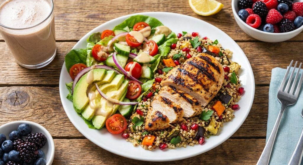 A visually appealing, colorful photo of a well-balanced post-workout meal, like grilled chicken, quinoa, and avocado salad.