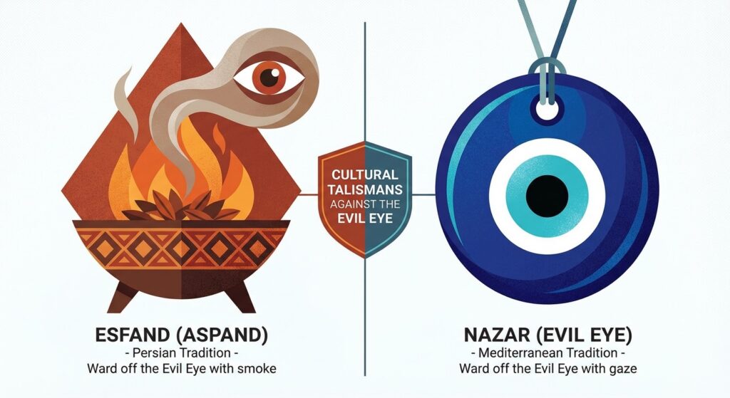 A stylized, modern graphic comparing the Persian "Esfand" with the Mediterranean "Nazar" (blue eye amulet).