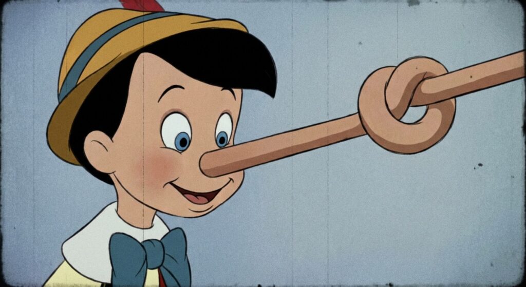 A GIF of Pinocchio with his nose growing longer and longer.