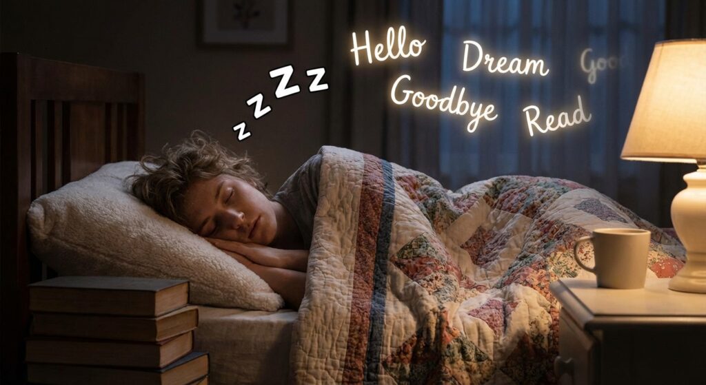 A GIF of someone sleeping with books under their pillow, with animated "Zzz"s turning into English words like "Hello" and "Goodbye".