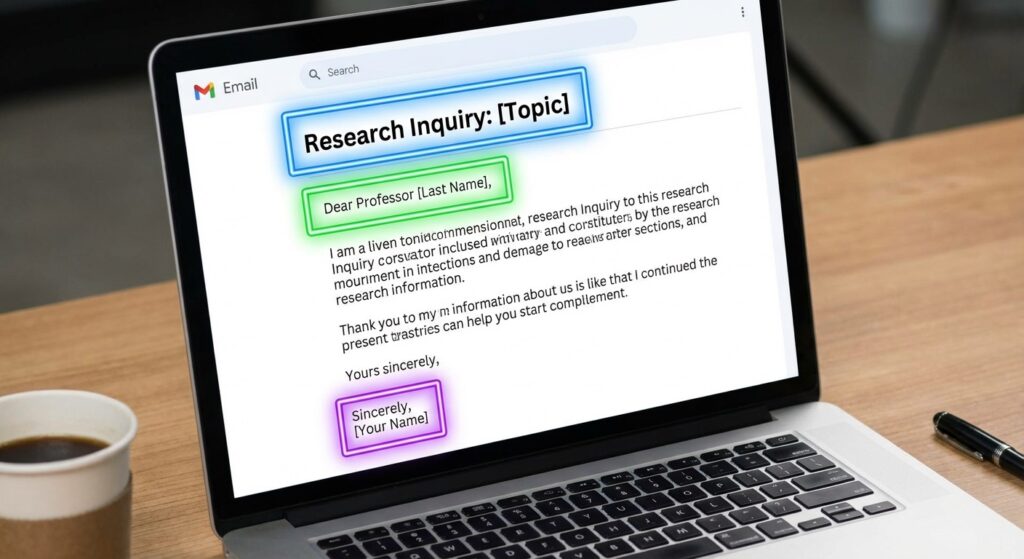 A screenshot of a perfectly formatted email to a professor, highlighting the Subject, Greeting, and Closing sections with glowing boxes.