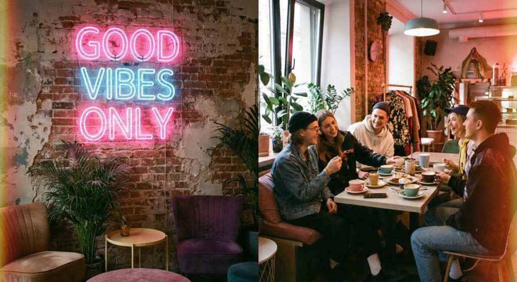 یک عکس استایل بلاگری از یک کافه‌ی شیک با نورپردازی نئونی که روی آن نوشته شده "Good Vibes Only". چند جوان شیک‌پوش در حال خندیدن و صحبت کردن در پس‌زمینه دیده می‌شوند.