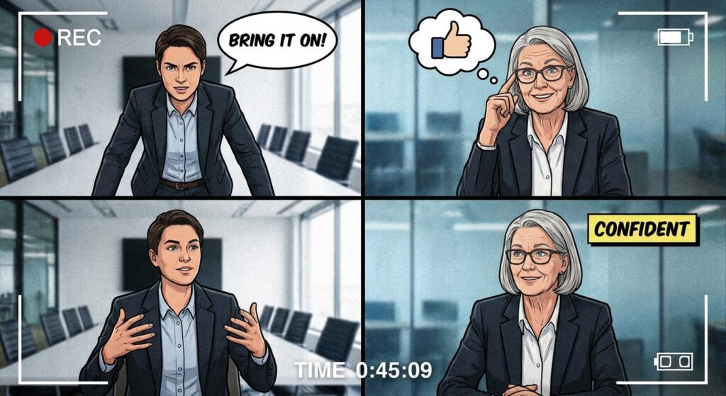 A GIF of a person confidently saying "Bring it on!" during a job interview, with the interviewer looking impressed.