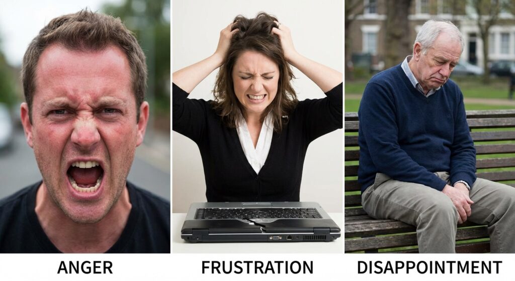 An image showing different facial expressions of anger, frustration, and disappointment.