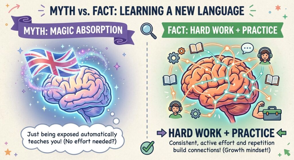 A fun, "Myth vs. Fact" infographic. Left side (Myth): a brain magically absorbing a British flag. Right side (Fact): a brain showing connections and effort, with text "Hard Work + Practice".