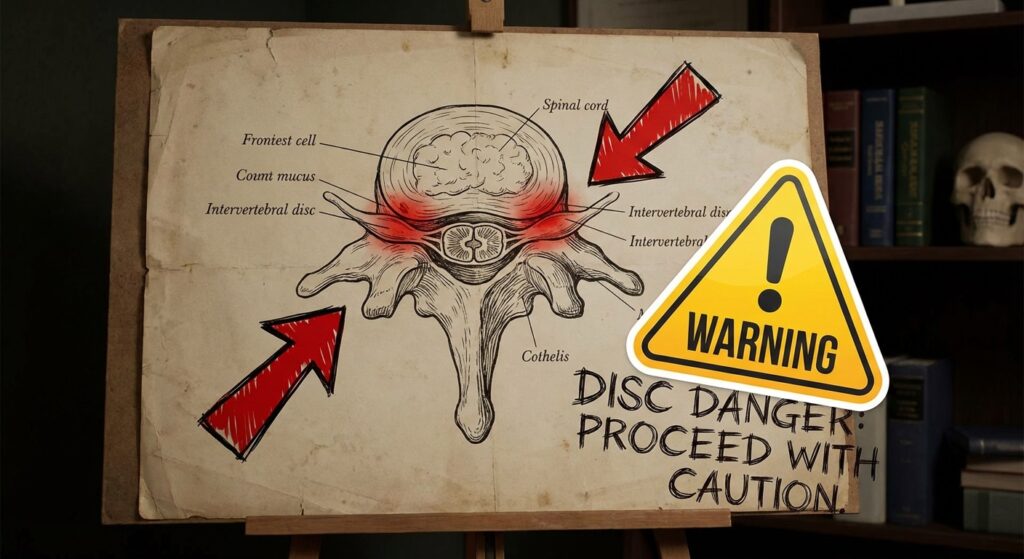 A picture of a spinal cord anatomy chart with red arrows pointing to the discs, with a warning sign emoji (⚠️). Something that looks educational but also a bit scary to emphasize the danger.