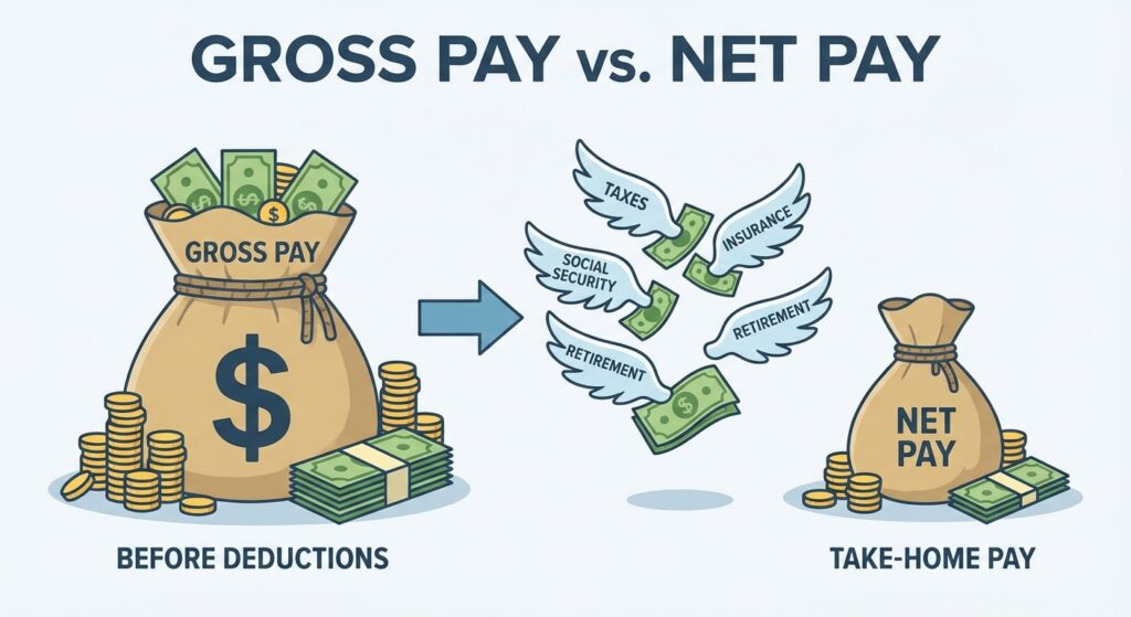 A simple, clean infographic comparing Gross Pay (a big bag of money) vs. Net Pay (a smaller bag of money after taxes and deductions have flown away).