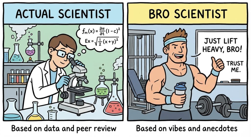 A cartoon drawing comparing a "Scientist" in a lab coat holding a beaker vs. a "Bro Scientist" who is very muscular, wearing a tank top, and confidently giving bad advice in a gym setting.