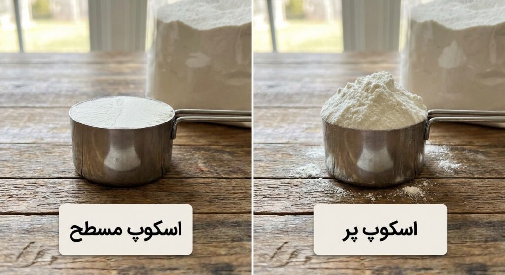 A clear side-by-side comparison image. Left side shows a "level scoop" (flat top). Right side shows a "heaping scoop" (a mound of powder on top). Add Persian labels to each.