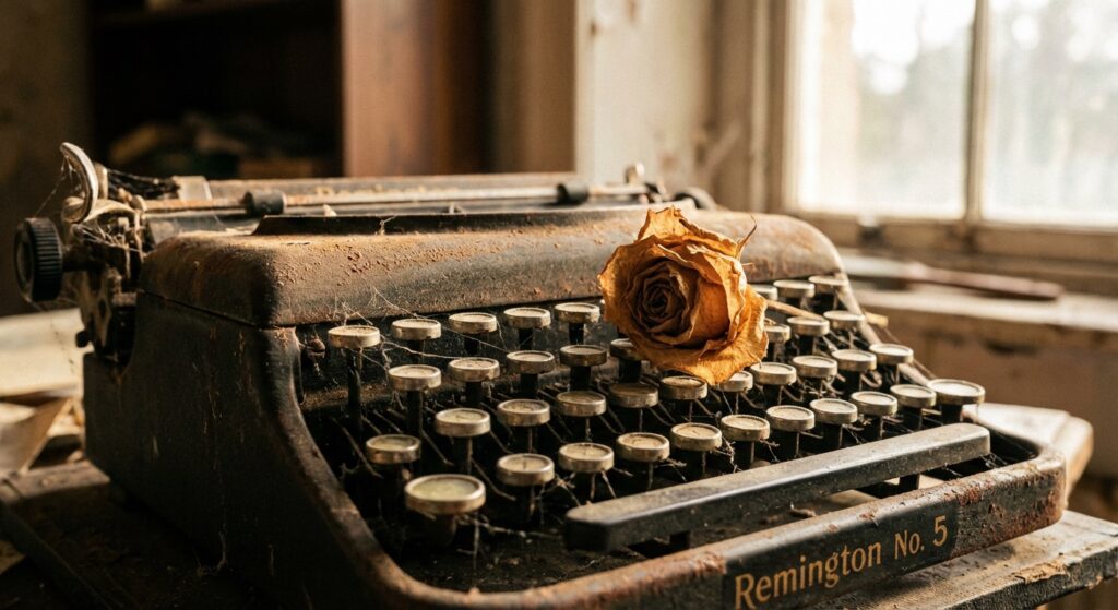 A close-up shot of a vintage typewriter with a small, withered flower resting on the keys. Soft, dim lighting.